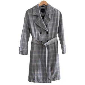 Dynamite Longline Belted Double Breasted Plaid Trench Coat